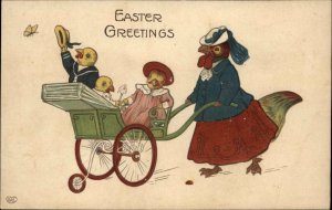 EAS Easter Fantasy Dressed Hen Mother Baby Carriage Chicks c1910 Postcard