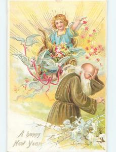 Pre-Linen new year DOVE BIRDS PULL ANGEL ON CART BESIDE FATHER TIME HL1299