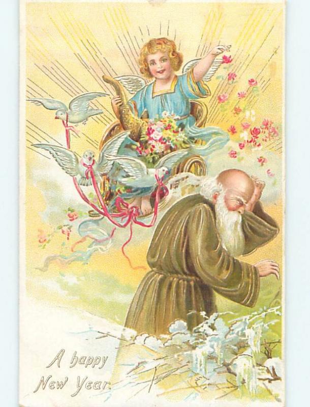 Pre-Linen new year DOVE BIRDS PULL ANGEL ON CART BESIDE FATHER TIME HL1299