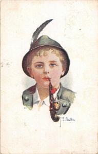 US2755 J. S Fialka Little Boy with Pipe Postcard artist signed folklore type