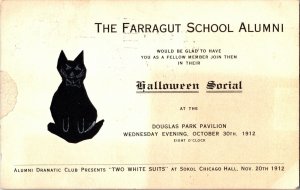 Vintage 1912 Farragout School Chicago Black Cat Halloween Postcard Invitation