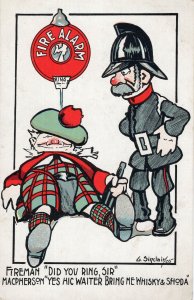 Fireman Drunk Scottish Man Wants Whisky & Soda Old Comic Postcard