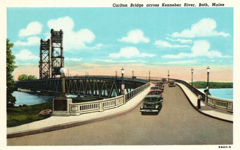 Vintage Postcard Carlton Vertical-Lift Bridge Across Kennebec River Bath Maine