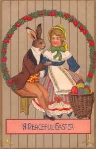 Easter Greetings Dressed Bunny Rabbit and Girl Vintage Postcard AA46965