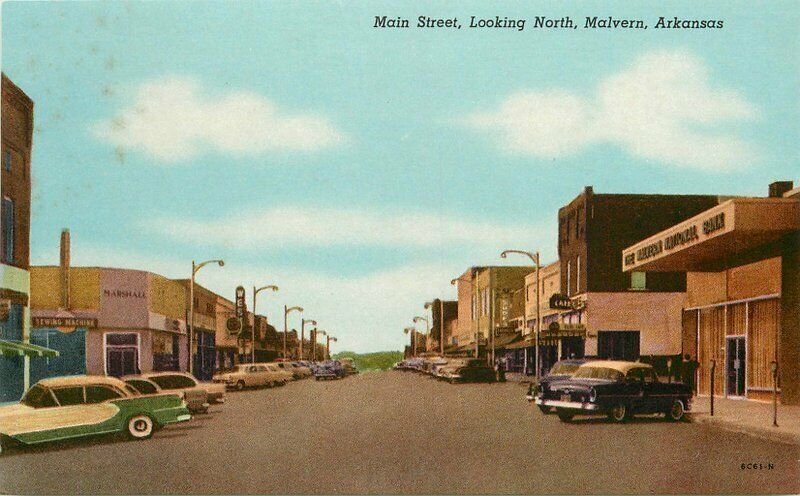 Malvern Arkansas Main Street North Autos Chamberlin Teich1950s Postcard 21-9984 