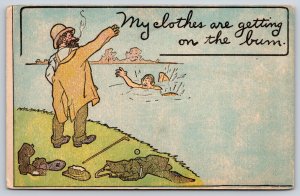 Comics~Man Goes Skinny Dipping & Bum Steals Clothes~Vintage Postcard