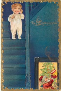 Embossed Postcard The Night Before Christmas 15 Child On Stairs Santa With Drum