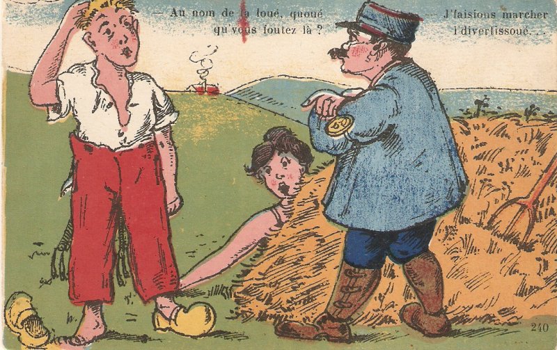 Couple being fined by guardHumorous vintage French postcard