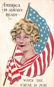 Patriotic Greetings Woman with USA Flag America is Always Ready PC AA60111