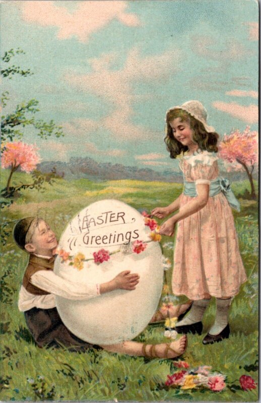 Easter Postcard Girl Placing Flowers Around Giant Egg That Boy is Holding