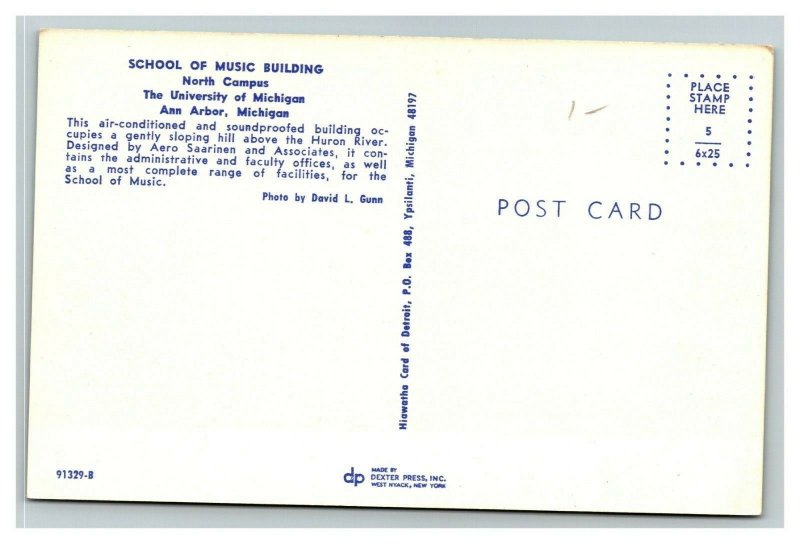 Vintage 1960's Postcard Music Building University of Michigan Ann Arbor Michigan