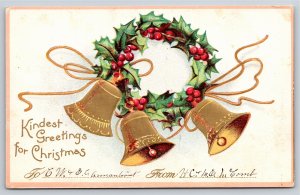 Holiday~Christmas~Gold Bells on Holly Wreath~c1910 Postcard