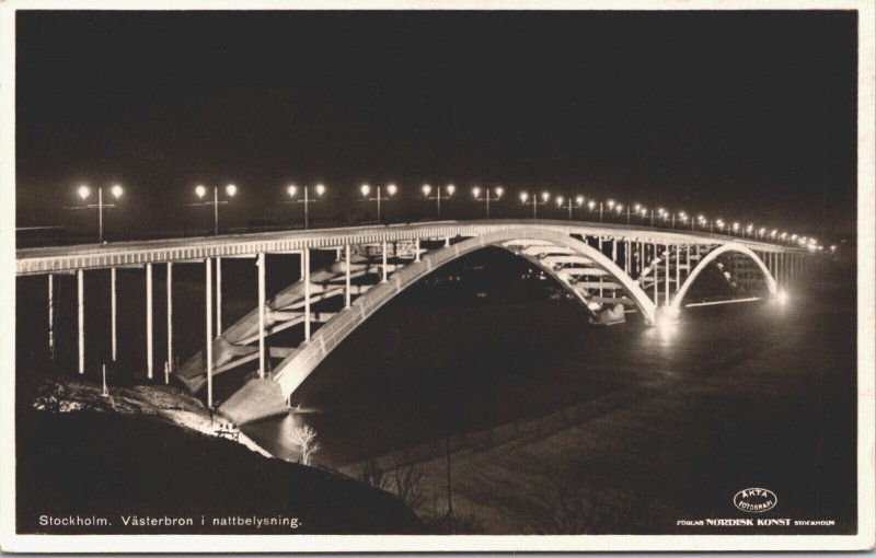 Sweden Stockholm Västerbron i Nattbelysning Vintage RPPC 04.13 