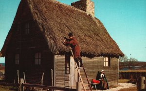 Vintage Postcard Roof Repairs Replica Pilgram Village Plymouth Massachusetts MA