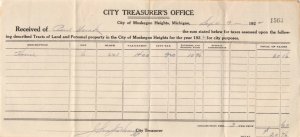 MUSKEGON HEIGHTS MI ~CITY TREASURER'S OFFICE-REAL ESTATE TAX RECEIPT 1922