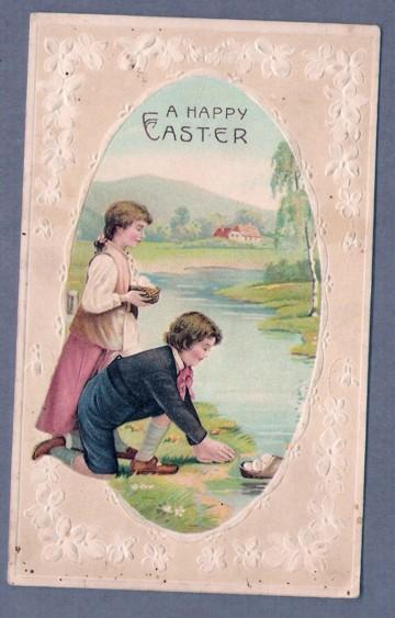 Easter Greetings - Boy & Girl Gathering Eggs - Writing On Back - Not Posted