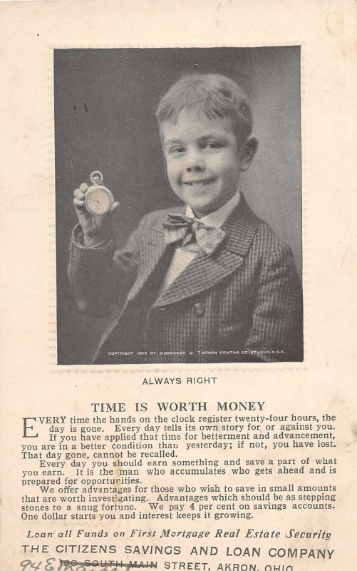 G78/ Akron Ohio Postcard 1914 Citizens Bank Boy Pocket Watch