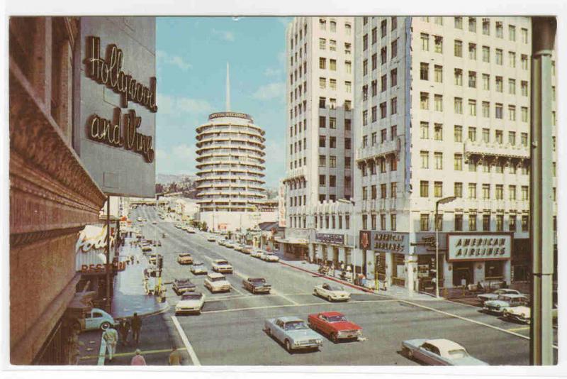 Vine Street Cars Capitol Records Tower Hollywood California postcard