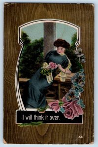 Pretty Woman Postcard With Roses Flowers I Will Think It Over Ely Minnesota MN