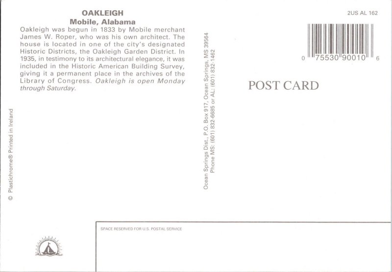 Continental Postcard Oakleigh Mobile, Alabama CF3
