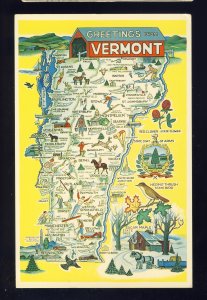 Greetings From Vermont/VT Postcard, Map Of State With Various Attractions, 1965!