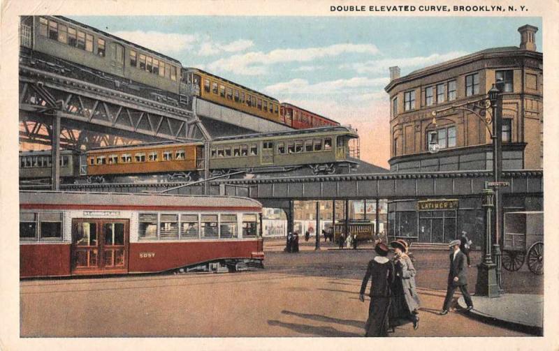Brooklyn New York Double Elevated Curve Trains Vintage Postcard JA454956