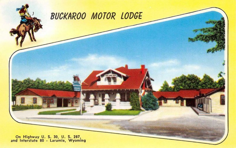 BUCKAROO MOTOR LODGE Laramie, WY Lincoln Highway US 30 Roadside Postcard c1950s