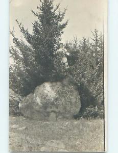 Pre-1918 rppc WOMAN BEHIND TREE ON HUGE ROCK Townshend Vermont VT HM3158