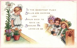 Vintage Postcard The Sweetest Music Bells Are Shining Low Jesus Died To Save Us