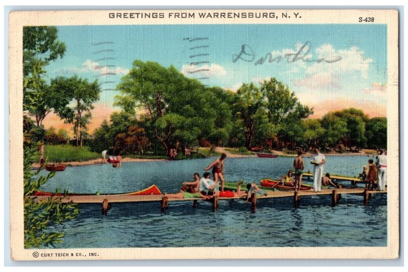 1943 Greetings From Warrensburg New York NY, People Boat Canoeing Scene Postcard