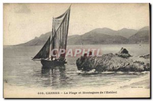 Old Postcard Boat fishing Cannes Beach and mountains of & # 39Esterel