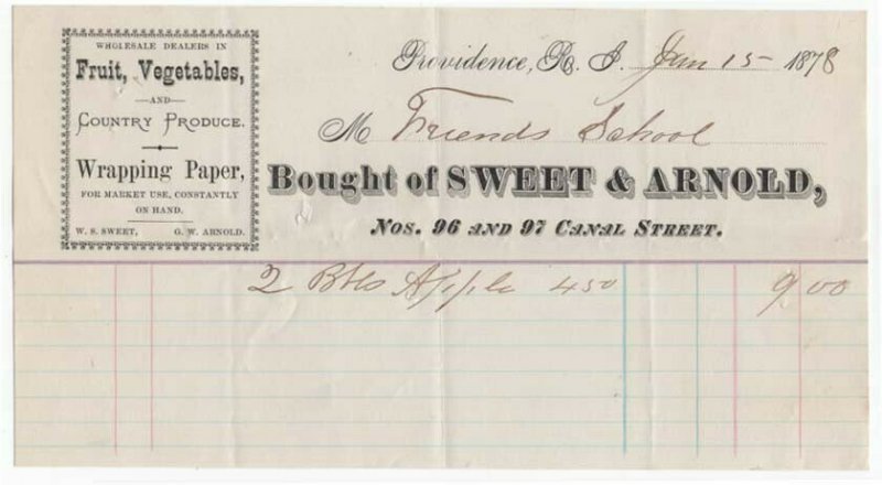 1878 Billhead, SWEET & ARNOLD, Fruit & Vegetables, Providence, Rhode Island