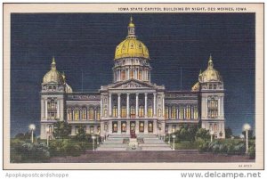 Iowa Des Moines State Capitol Building At Night Curteich