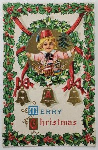 Christmas Greeting Child In Wreath Golden Bells Embossed Hollyberry Postcard S16