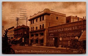 Bakersfield CA~Post Office~Hardware Store~Drug Co Ice Cream Soda~c1910 Sepia PC