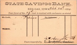 Postcard 1891 Account Credit State Savings Bank in Red Oak, Iowa~132002