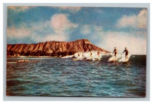 Vintage 1960's Postcard Surfers Ride a Wave in the Ocean Waikiki Beach Hawaii