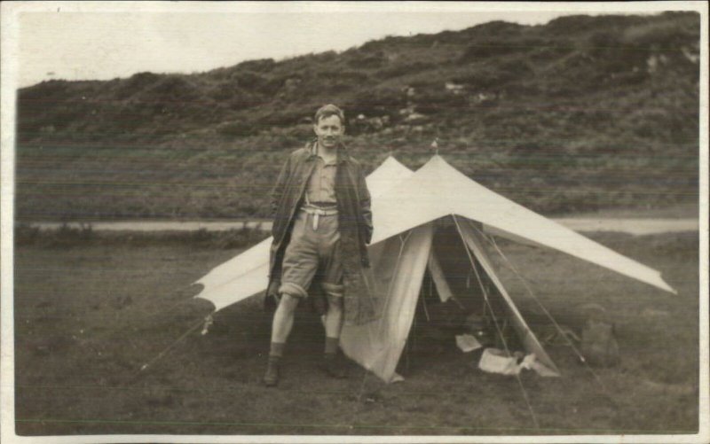 Tent Tenting Camping Man Nature Real Photo Postcard