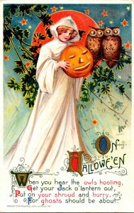 Vintage Winsch Beautiful Schmucker Girl, Witch,Owls, JOL,Moon Halloween Postcard