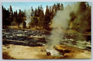 Yellowstone Park Wyoming~Firehole River Upper Heyser Basin~Vintage Postcard