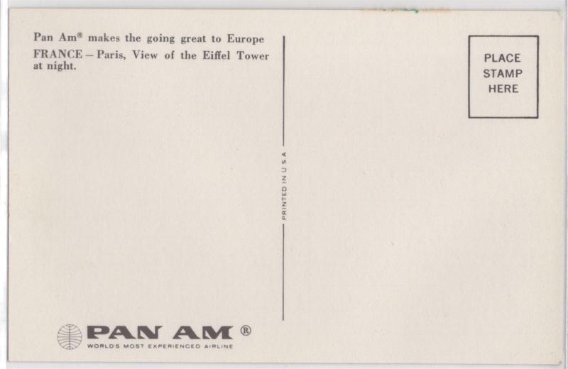 Pan Am Panam Airlines Issued Paris France Eiffel Tower at Night Postcard