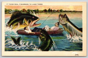Exaggerated~Men In Rowboat & Giant Fish It Takes Real Fisherman~Vintage Postcard