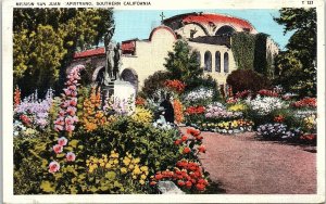 1930s SAN JUAN CAPISTRANO CALIFORNIA MISSION FLOWERS LINEN POSTCARD 42-173