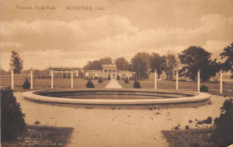 MUSKOGEE OK FOUNTAIN HYDE PARK~INDIAN TRADING COMPANY ALBERTYPE SEPIA POSTCARD