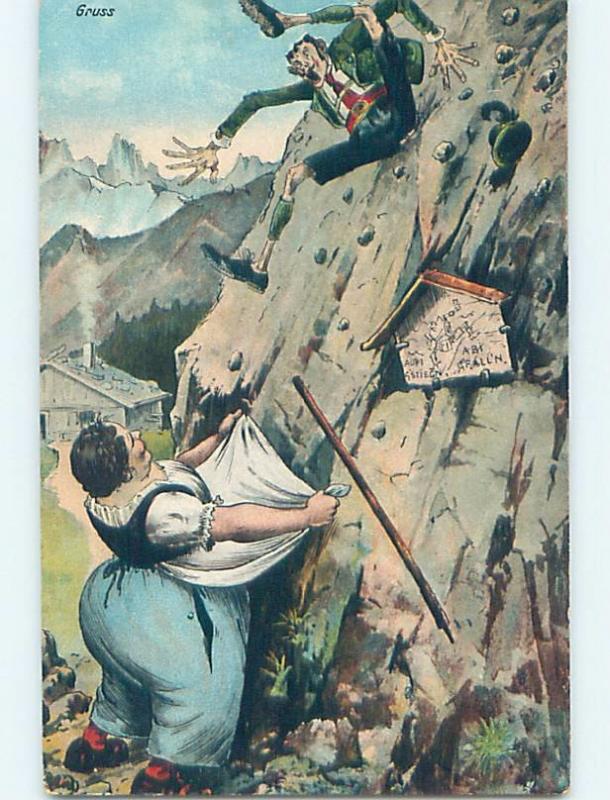 Pre-Linen foreign STOUT WOMAN CATCHING MAN FALLING DOWN SIDE OF MOUNTAIN HL7803