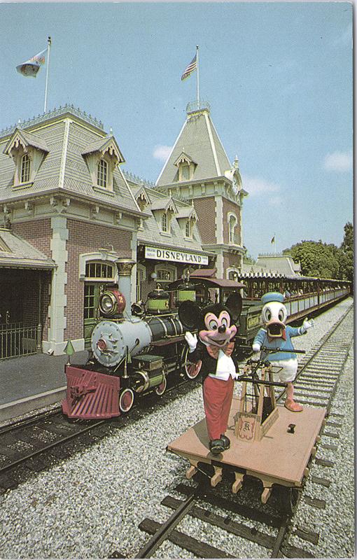 Disneyland, Train Station, Mickey Mouse & Donald Duck operating a hand Car