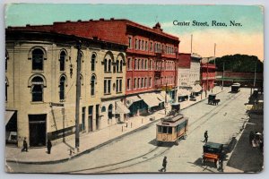 Reno Nevada~Trolleys On Center Street~Grand Cafe~Detective Office~Hotel~1913