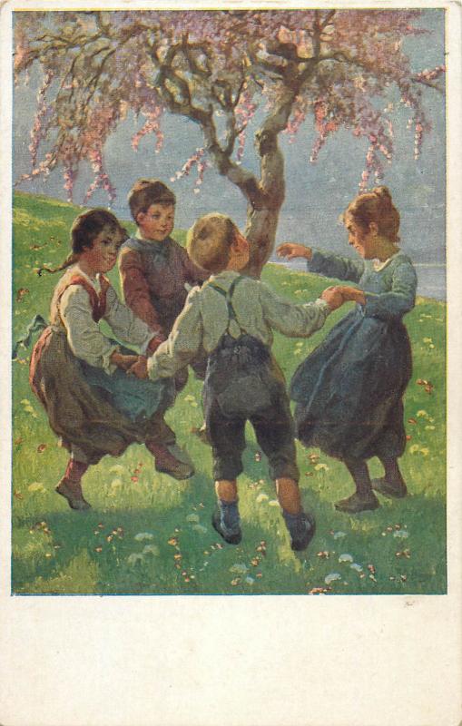 MB Children games round dance vintage postcard