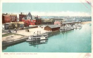 Postcard Paddle Steamer at Dock Foot of Jackson Street St. Paul MN River Boat