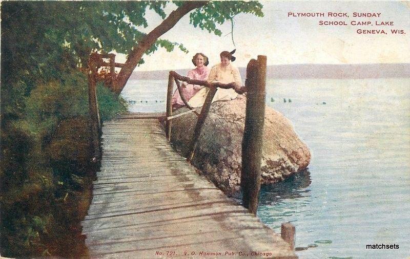 1907 Geneva Wisconsin Sunday School Camp Plymouth Rock Hammon postcard 3469